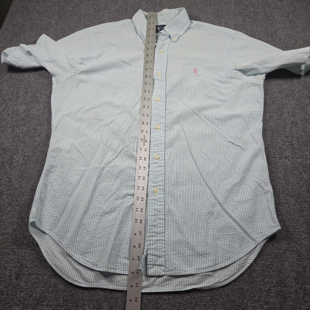 Polo Ralph Lauren Men's M S/S Blue & White Striped Seersucker Shirt Pink Pony - Picture 5 of 6